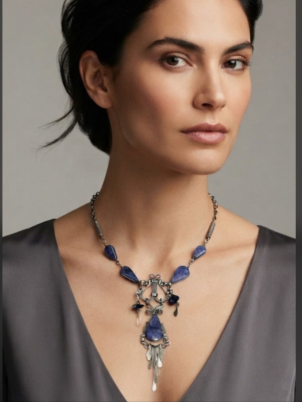 Vintage Artisan Blue Sodalite Teardrop Silvertone Dangle Statement Necklace